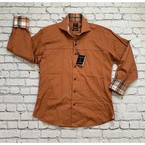 NWT Absolute Rebellion Men's L Slim Fit Orange Plaid Flip Cuff Shirt